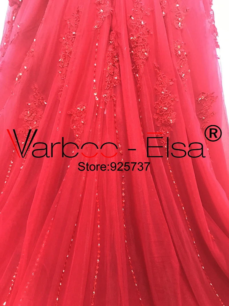 VARBOO_ELSA vestido de noiva Бисер V образным вырезом торжественные платья с красным кружевом с длинным шлейфом мяч халат с рукавами до локтя, свадебные платья в Китае
