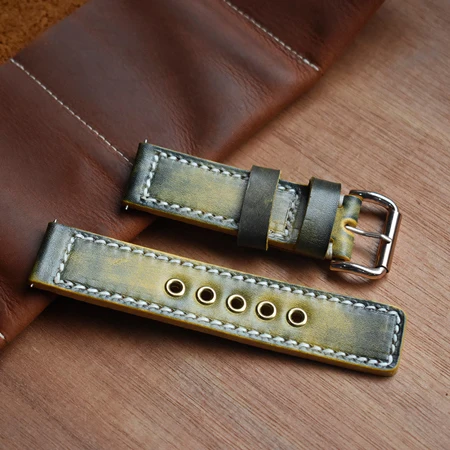 Green-Gold Buckle Ремешок для часов из натуральной кожи 20 мм, 22 мм, 24 мм, Panerai, ремешок для наручных часов с пряжкой из нержавеющей стали, ремень, браслет с инструментом для ремонта KZB10 - Цвет ремешка: Green-Gold Buckle