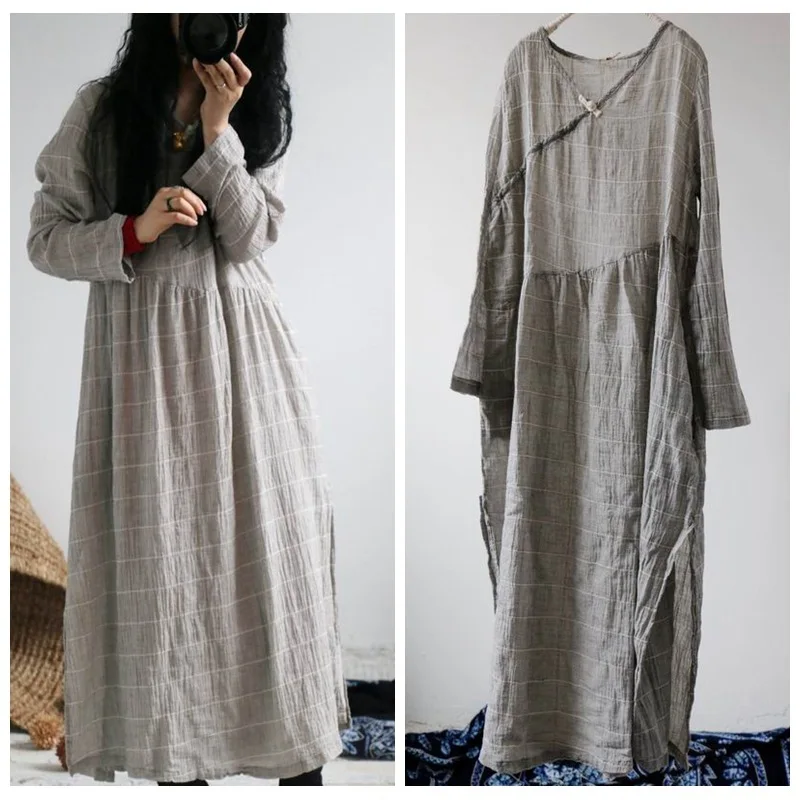 Женское льняное платье с длинным рукавом V образным вырезом|linen dress|sleeve dressdresses retro |