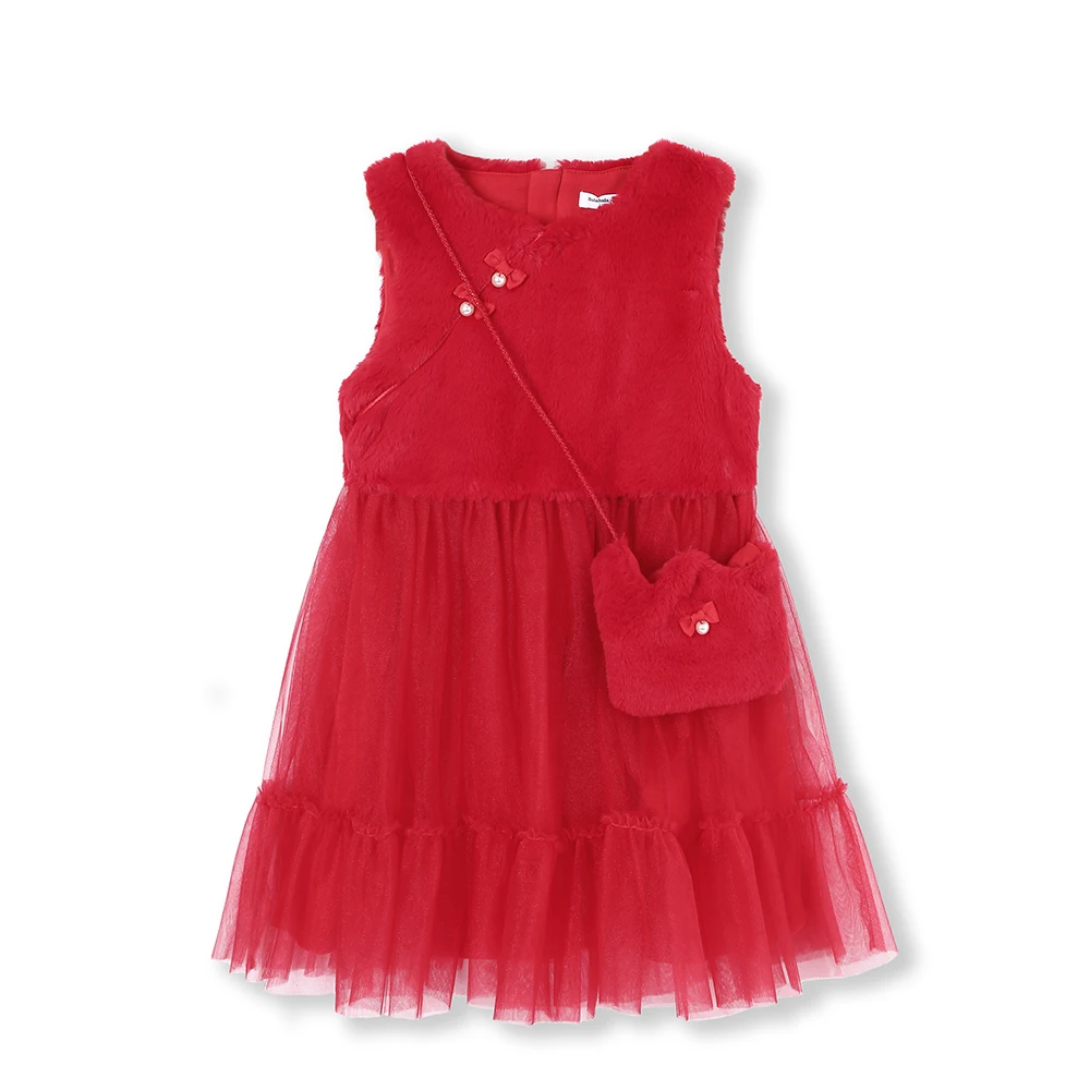 Balabala Girls Rabbit Fur Sleeveless Tulle Dress Cross-Body Bag Children Kid Max-Fabric Wedding Party Dresses Lined | Детская одежда и