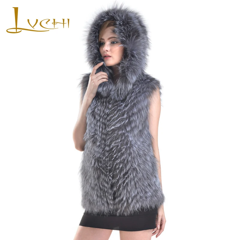 Жилет женский из лисьего меха без рукавов с открытыми плечами зима размера плюс |