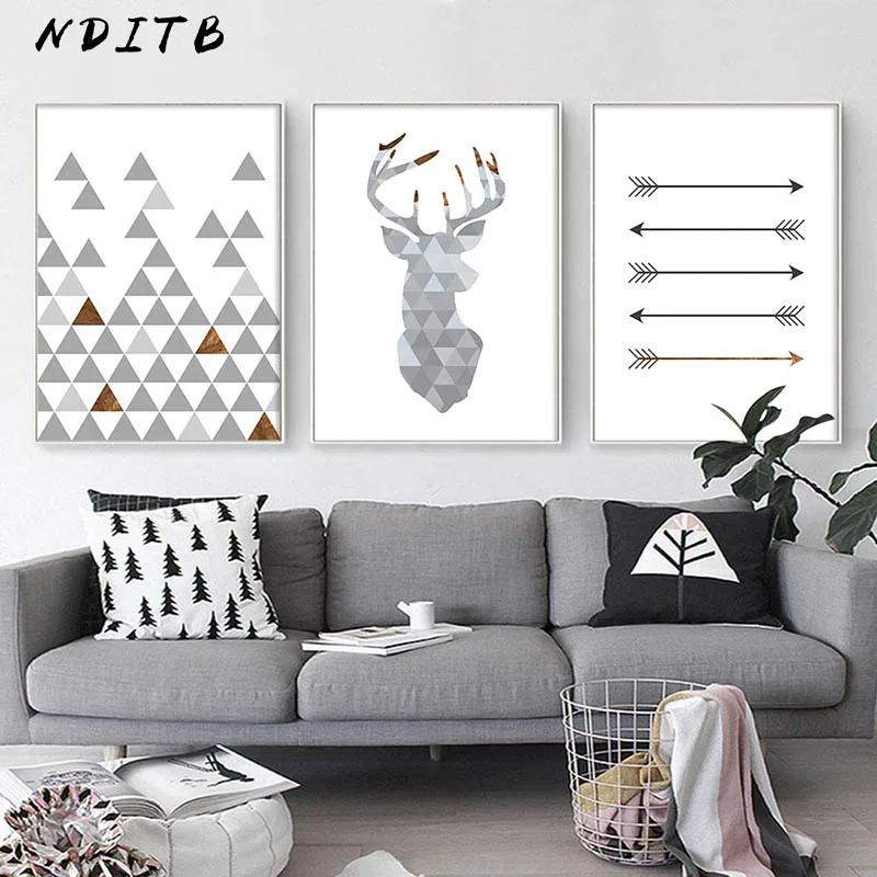 NDITB Deer Head Geometry Abstract Painting Wall Art Canvas Posters and Prints Nordic Style Decoration Picture Modern Home Decor | Дом и сад