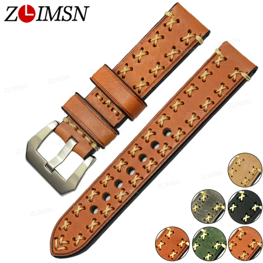 

ZLIMSN Genuine Leather Watch Bands 20 22 24 26mm Strong Stitched Belt 316L Stainless Steel Buckle Silver Brushed Black Polished