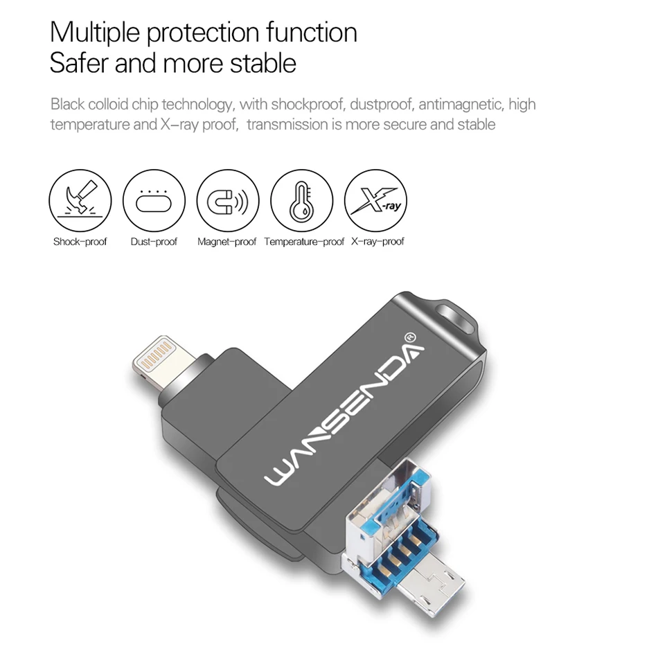 Новый флеш накопитель Wansenda OTG USB USB3.0 128 ГБ 64 32 16 3 в 1 высокоскоростной для iOS/Android/PC