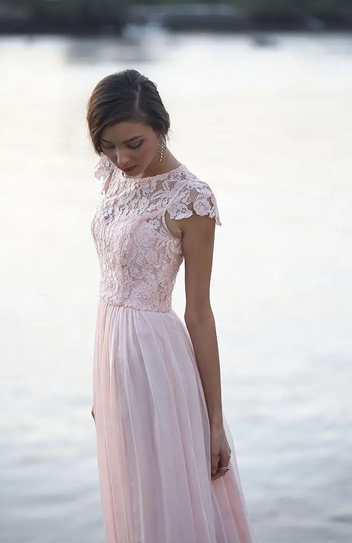Новый Scoop Шеи Cap Рукавом Кружева Шифон Длинные Платья Невесты Vestidos Де Madrinha Платье