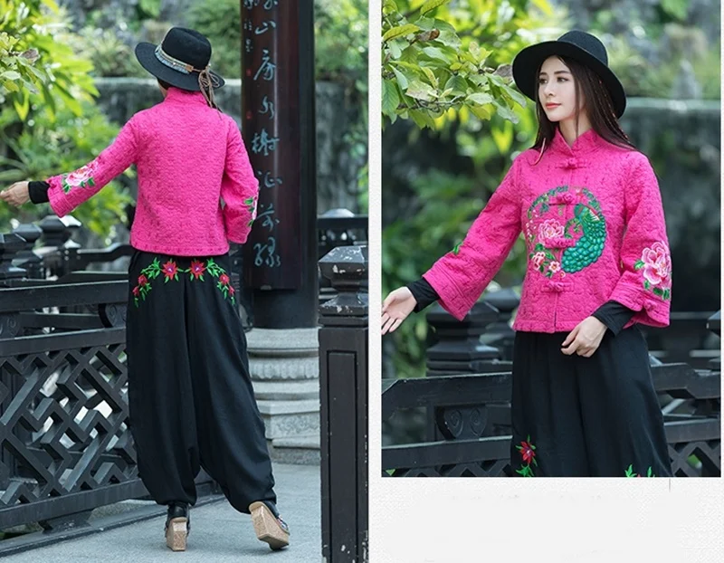 Женские китайские топы, винтажное пальто с вышивкой Hanfu, этническое пальто с воротником-стойкой, хлопковая льняная одежда в китайском стиле для женщин, FF1758