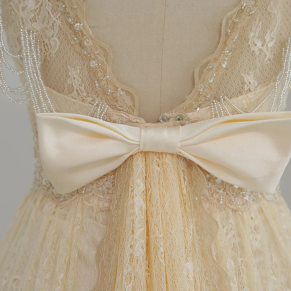 

New Vestido De Noiva Champagne Wedding Dresses A-line Cap Sleeves Beaded Lace Vintage Wedding Gown Bridal Dresses