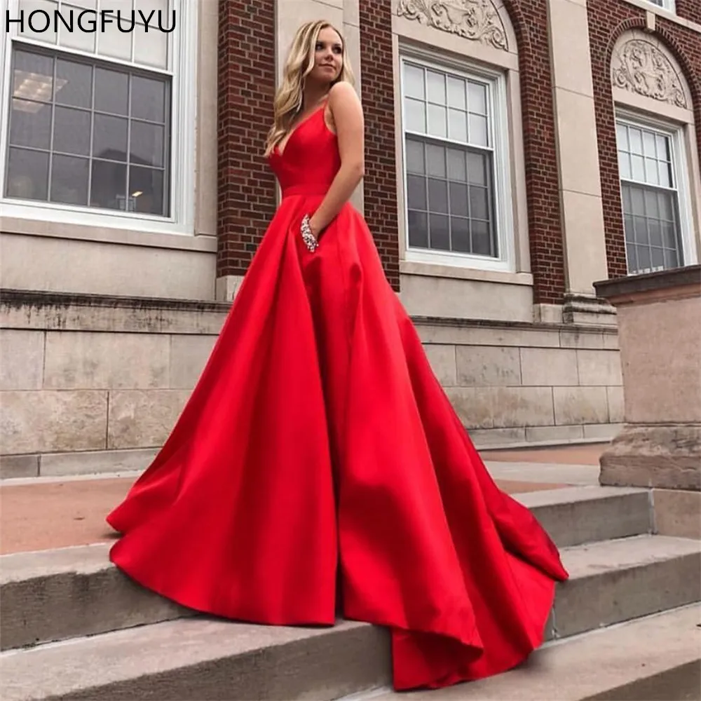 HONGFUYU Красный Выпускные платья с Стразы v-образным вырезом и карманами Одежда 2021