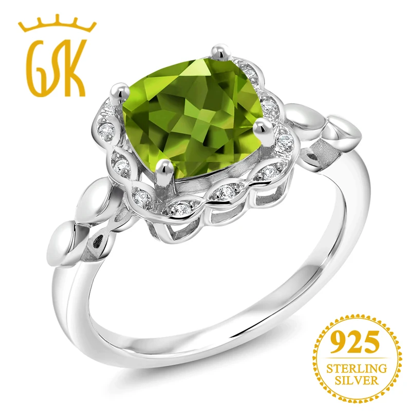 GemStoneKing 2 55 Ct ПОДУШКА Зеленый Перидот Белый сапфир кольцо из стерлингового серебра
