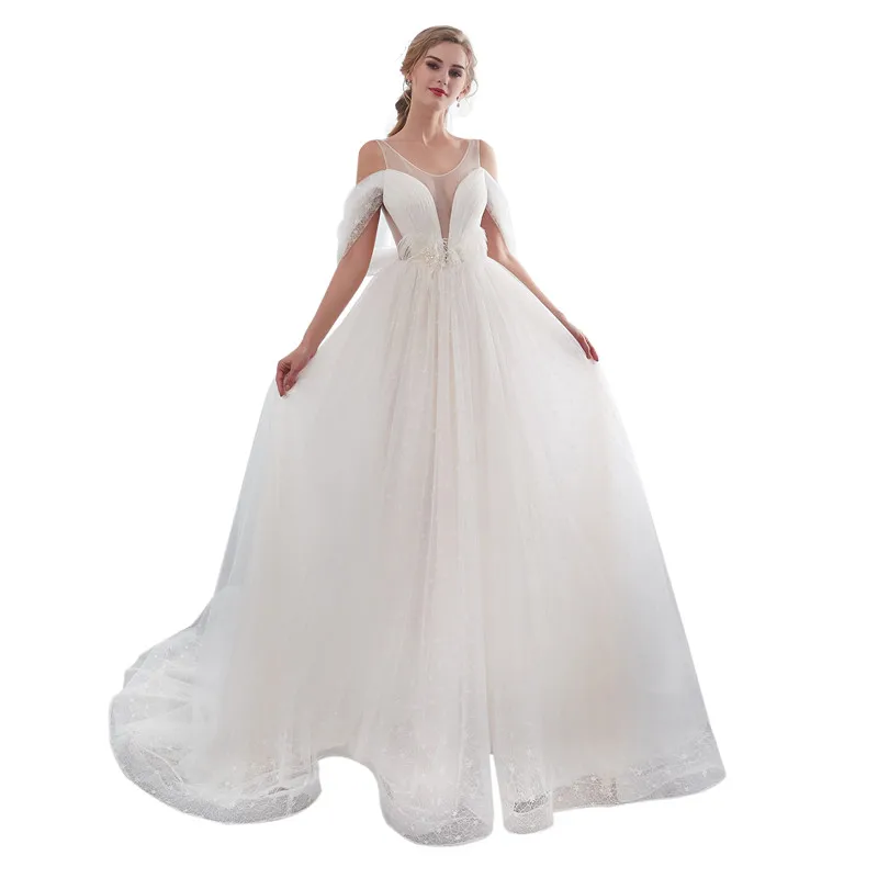 

Tulle with Lace Scoop Neck Floor Length Transparent Off The Shoulder with Sash Beading Feathers Party Dress robe de soiree Gown