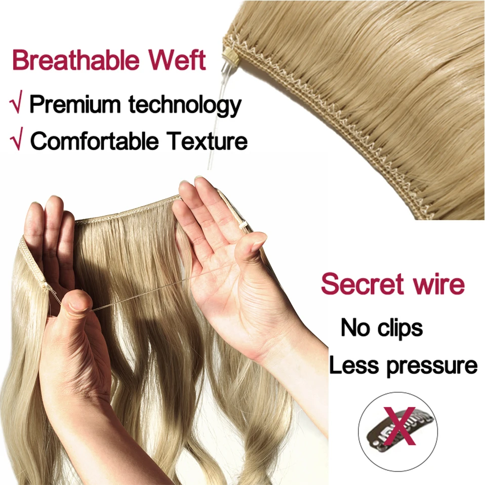 BENEHAIR Synthetic No Clips in Hair Extension 24'' Hidden Fish Line Hair Invisible Wire Natural Hair Hairpieces For Women