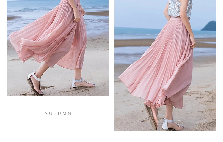 Summer Long Skirts Womens High Waist Vintage Boho Pleated Skirts Solid Color Chiffon Beach Maxi Skirt For Women Saia Faldas