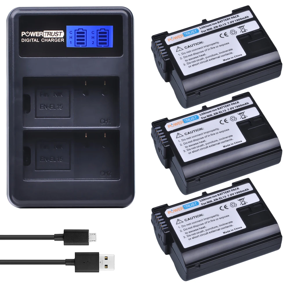 

3Pcs 1900mAh EN-EL15 ENEL15 EL15 Battery + LCD USB Dual Charger for Nikon D500,D600,D610,D750,D7000,D7100,D7200,D800,D800E,D810,