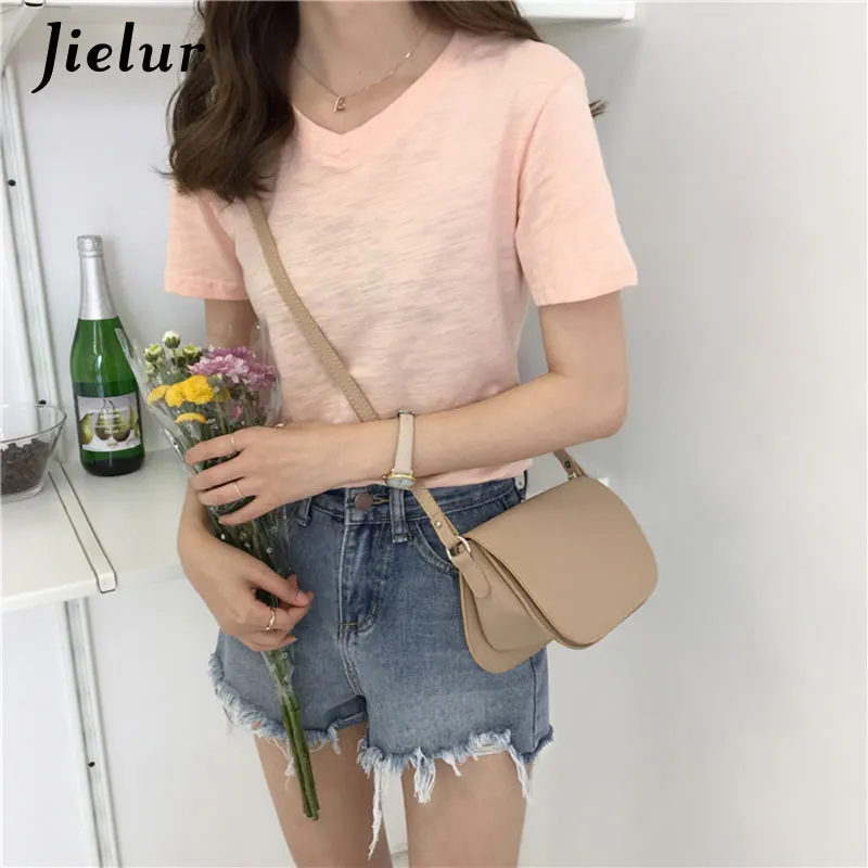 Розовый Jielur, модная, короткая, 10 цветов, v-образный вырез, топ, Корейская футболка для женщин, лето, хипстер, хлопок, белая, Camisas Feminina, Прямая поставка - Цвет: Розовый