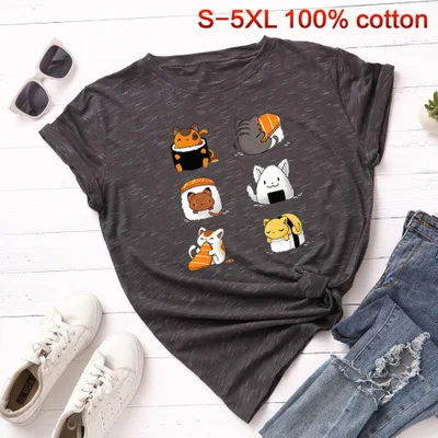 marble gray SINGRAIN, милые суши, большие размеры, женская футболка, модная, летняя, короткий рукав, базовые футболки, топы, милый кот, мультфильм, хлопковая Футболка с принтом - Цвет: marble gray