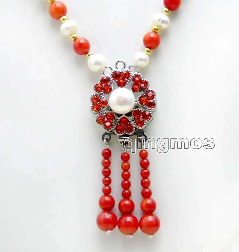 Продажа 6-7 мм белый круглый натуральный FW жемчуг и красный коралл &amp 25 кулон 20