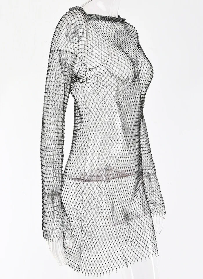 Fantoye С кристалалми и стразами Сексуальная Bodycon Платье Для женщин открытое Летнее мини-платье с ажурные чулки в сетку, сексуальное пляжное платье вечерние платья