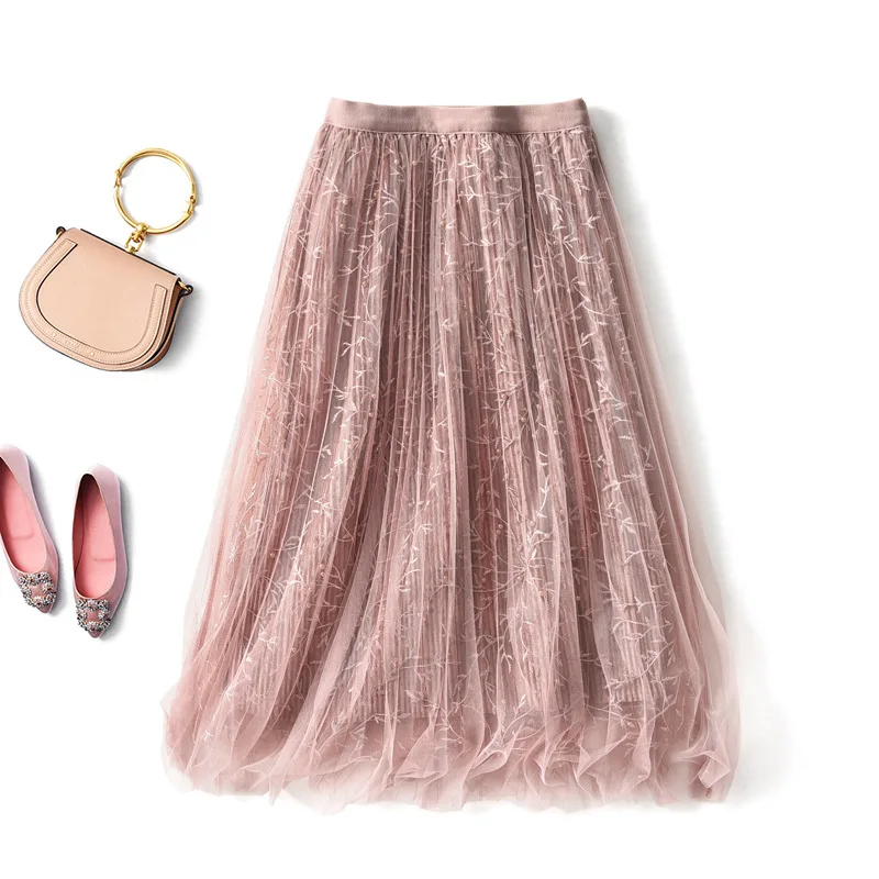 2019 весенние вышитые бисером сетчатые юбки женские корейские тонкие бархатные с