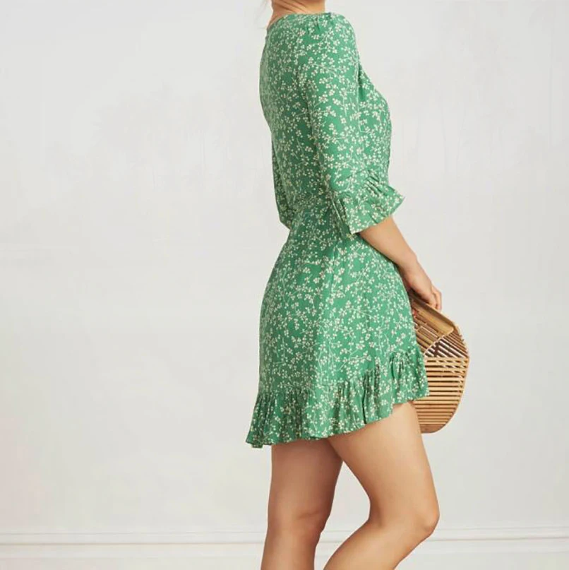 Женское короткое платье с v образным вырезом и коротким рукавом зеленое