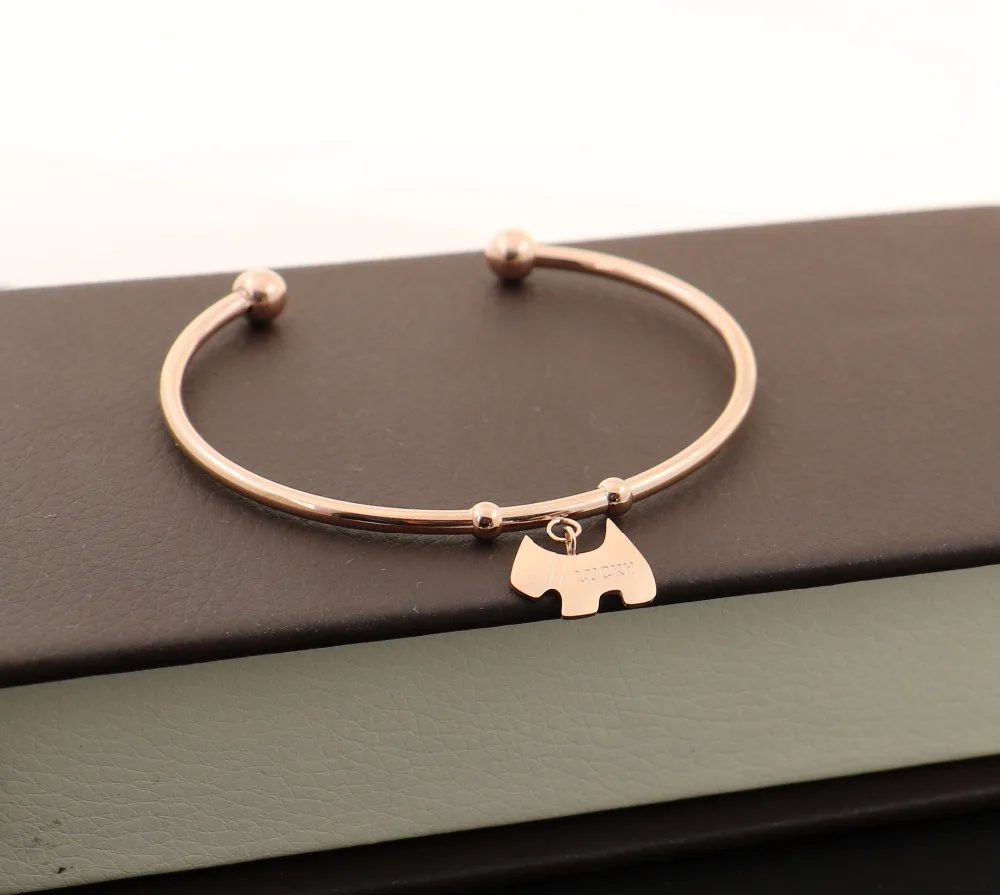 2018 Lucky dog C shape Bangle Gift Jewelry Rose gold color Titanium Steel Cuff Cubic Zirconia Dog beads Bangle/Bracelet | Украшения и