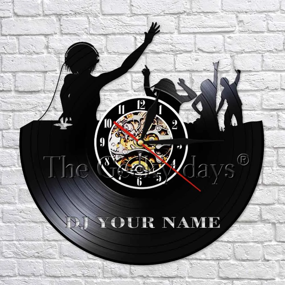 DJ ваше имя пользовательский дизайн декор комнаты виниловые часы музыкальные