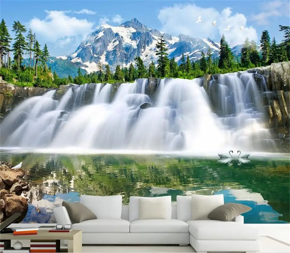 

Настенные 3D-обои на заказ, фотообои для гостиной, с изображением Снежной Горы, водопада, дивана, фона для телевизора, настенные 3d обои