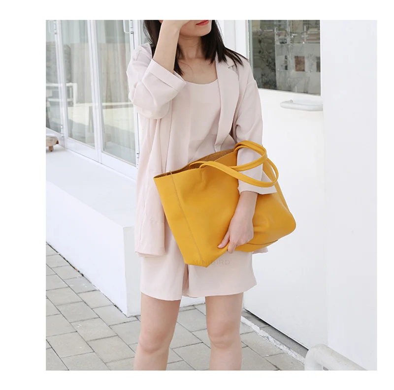 Women Luxury Bag Casual Tote Female Lemon Yellow Fashion Shoulder Handbag Lady Cowhide Genuine Leather Shoulder Shopping Bag