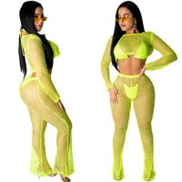 2019 neon fishnet mesh sheer two piece set women summer clothes backless crop top and pant sexy 2 pice swim beach outfits