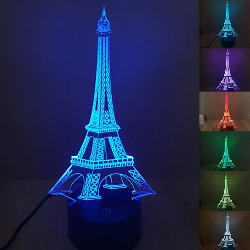 7 светящихся цветов LED ночник 3D иллюзия Эйфелева башня настольная лампа