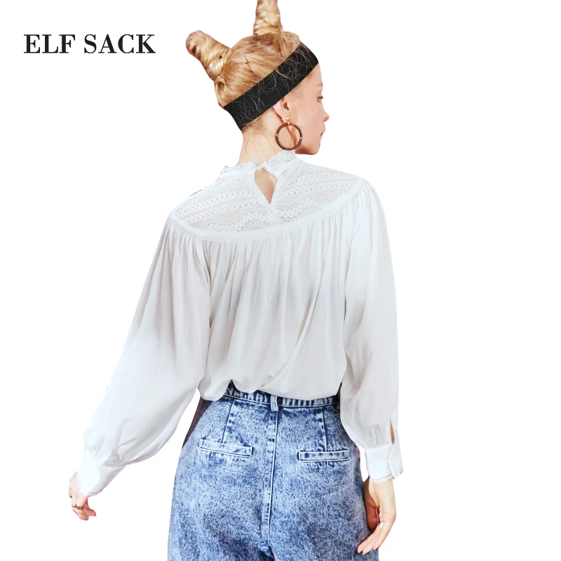 ELF SACK стильные женские кружевные рубашки белый стоячий воротник винтажный женский OL литературные блузки с рукавом-фонариком повседневные топы блузки