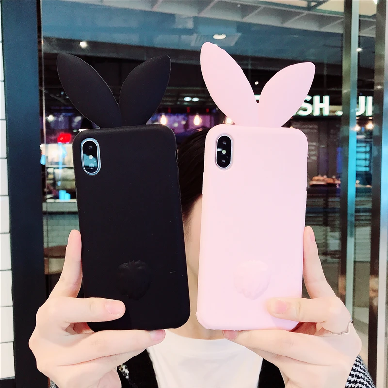 Silicone 3D Cute Bunny Rabbit Ears Tail Back Phone Case For iphone 7 8 plus X 6 6S Plus 5 5S SE |