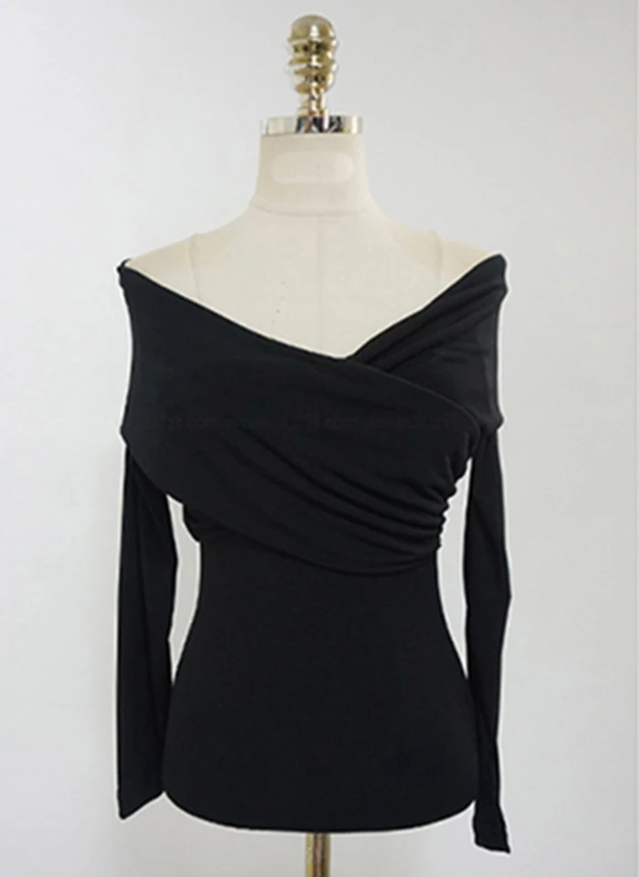 Для женщин с плеча Slash шеи Крест Глубокий V пикантные женские высокие Bodycon плиссированные Офисные женские туфли футболка Femme одноцветное Blusa большой упругой черный