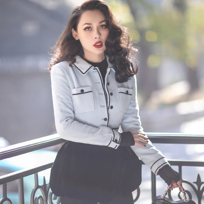 Le palais Винтаж 2018FW Классическая Шерстяная Смесь короткая куртка для женщин с наплечной подкладкой декоративные карманы короткое пальто
