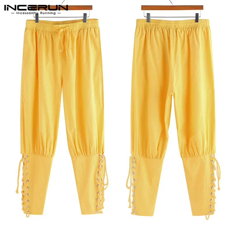 Yellow Мужские брюки на шнуровке, мужские одноцветные костюмы для косплея, INCERUN S-5XL размера плюс, свободные винтажные мужские брюки - Цвет: Yellow