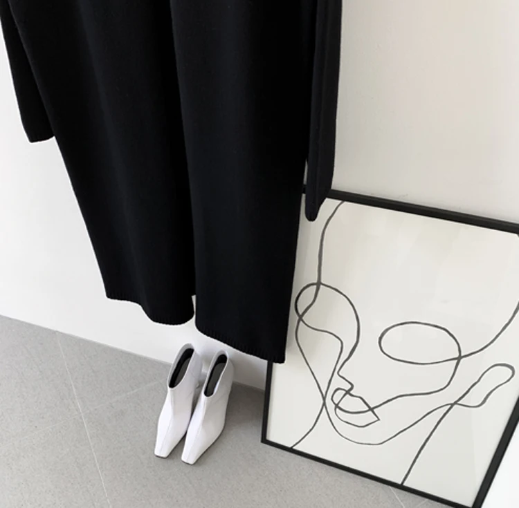 Winter New Loose high Collar Long Dress Sweater Slit Long Sleeve Cotton Casual Dresses Female Solid Color Turtleneck