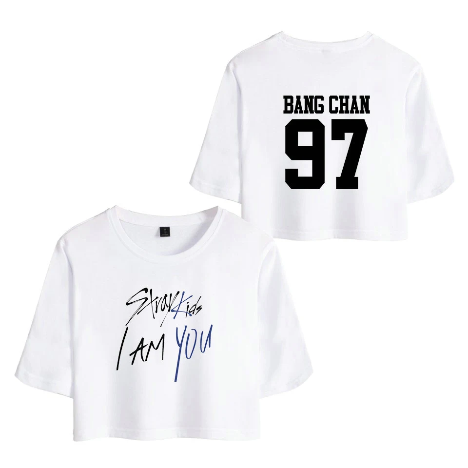 KELUOXIN Kpop StrayKids футболка с коротким рукавом I am YOU Album Crop Tops Женская Хип-хоп сексуальная открытая детская футболка с пупком - Цвет: White  BANG CHAN 97