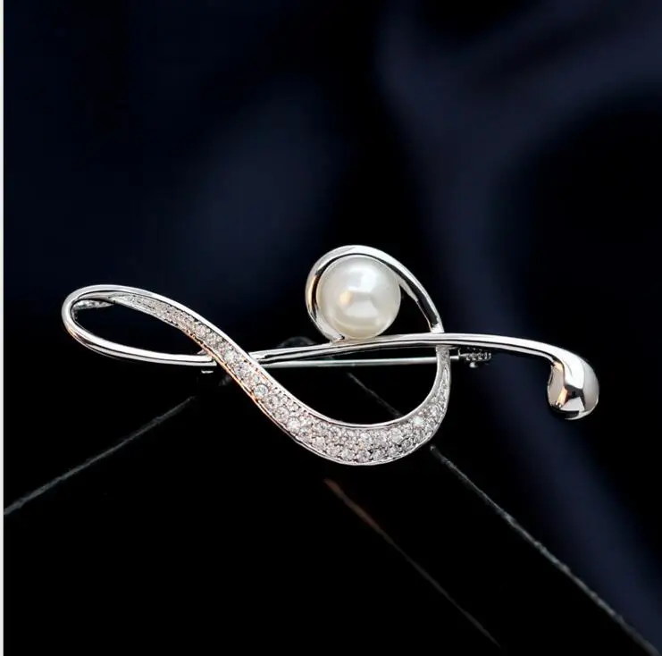Wholesale 12pcs/lot Charm Music Note Cystal Pearl Brooch Lovely Brooches Pin clip Novelty Gift Pendant Golden Silver Jewelry | Украшения и