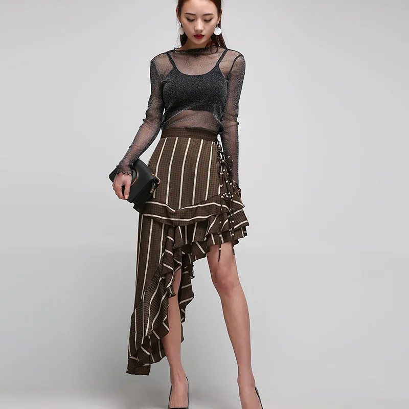 Cakucool Высокая Талия Юбки Полосатый Асимметричный Юбка Хаки Оборками Весна Лето