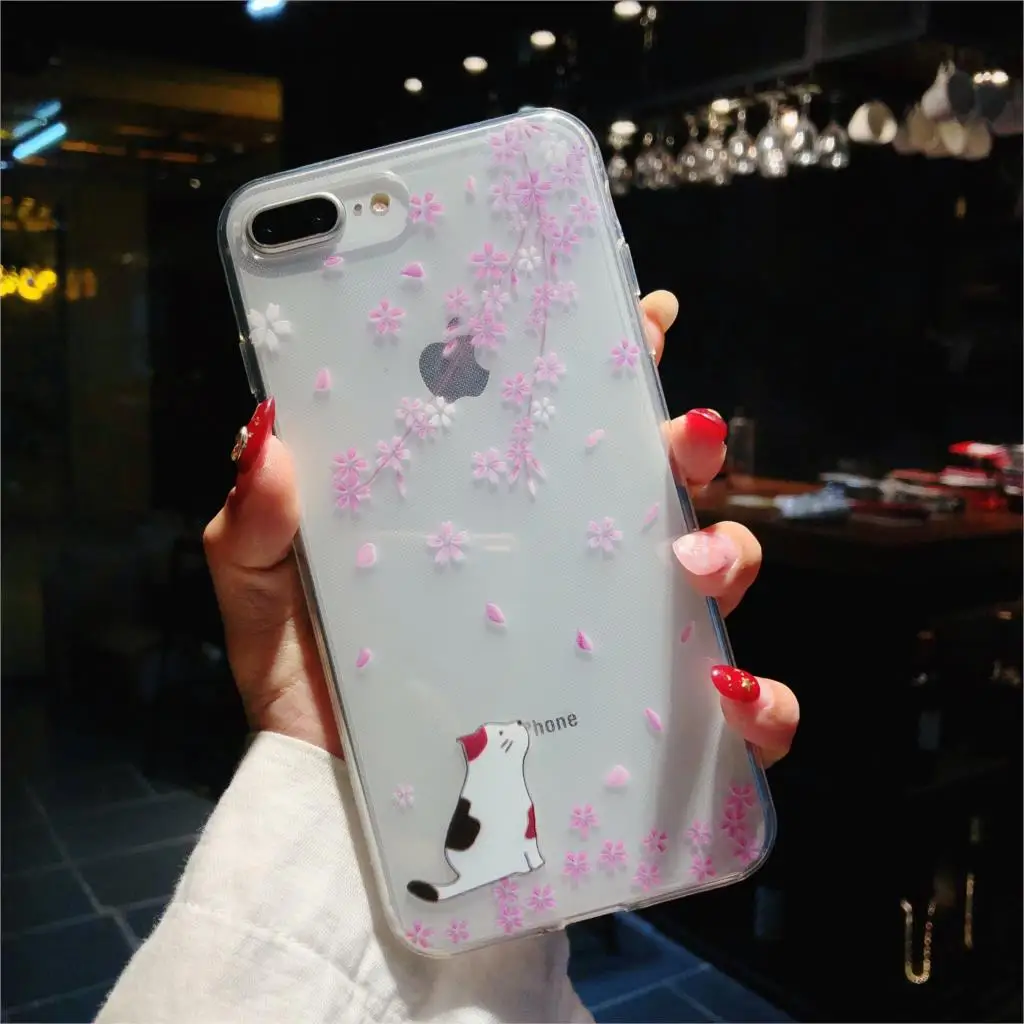 For iphone 8 8Plus case blossom Soft Cover + Tempered Glass Screen Flim for iPhone 6 6S 6sPlus 7 7plus Sakura Cat |
