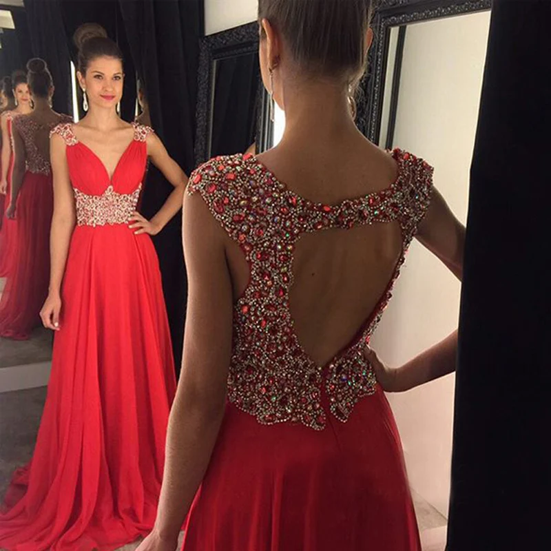

Женское шифоновое платье-трапеция, длинное красное платье с V-образным вырезом, расшитое бисером, для выпускного вечера, 2016