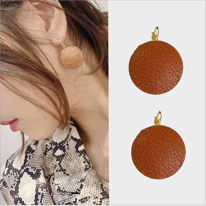 2019 новые модные женские милые кожаные круглые висячие серьги металлические
