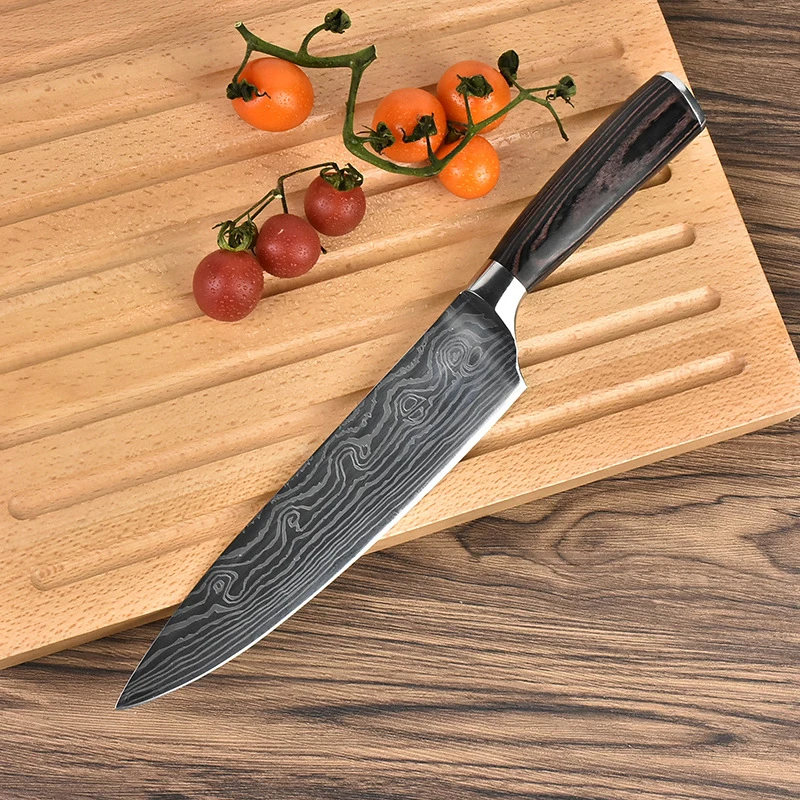 

8inch Damascus Veins Stainless Steel Knives Color Wood Handle Ultra Sharp Slicing Kitchen Knife Cleaver Chef Cooking Knife Pari