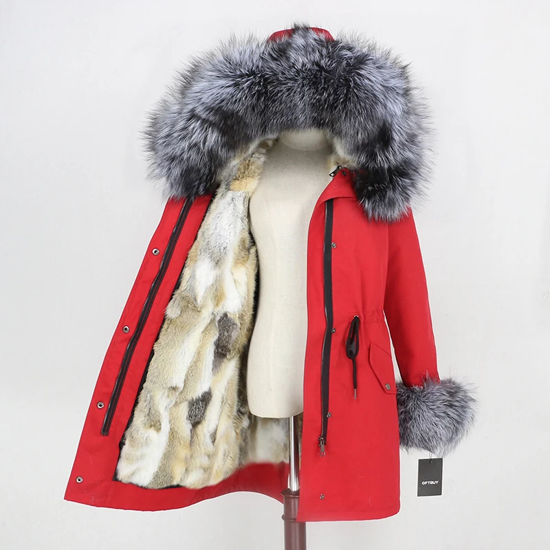 red silver OFTBUY Long Waterproof Parka Real Fur Coat Natural Fur Collar Hood Winter Jacket Women Rabbit Fur Liner Thick Warm Detachable - Цвет: red silver