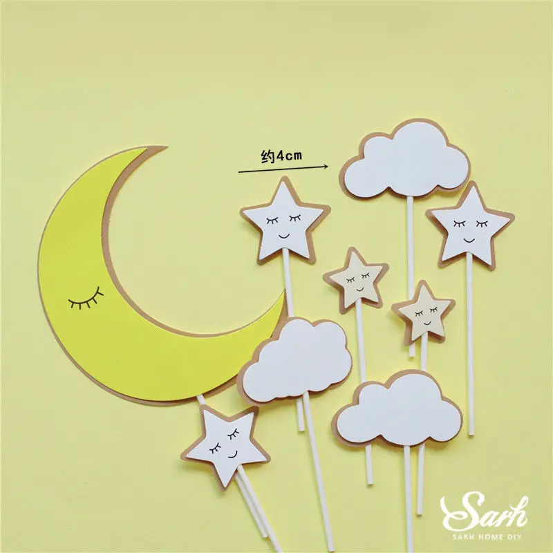 Yellow moon star set Луна Звезда медведь украшения кролик счастливые топперы для торта на день рождения для свадебной вечеринки дети ребенок выпечки украшения сладкие подарки - Цвет: Yellow moon star set