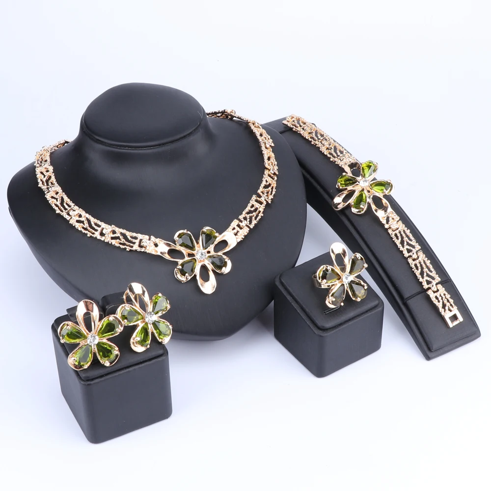 African Jewelry Set Gold Color Purple/Green Zircon Austrian Crystal Women Wedding Necklace Bracelet Earring Ring | Украшения и