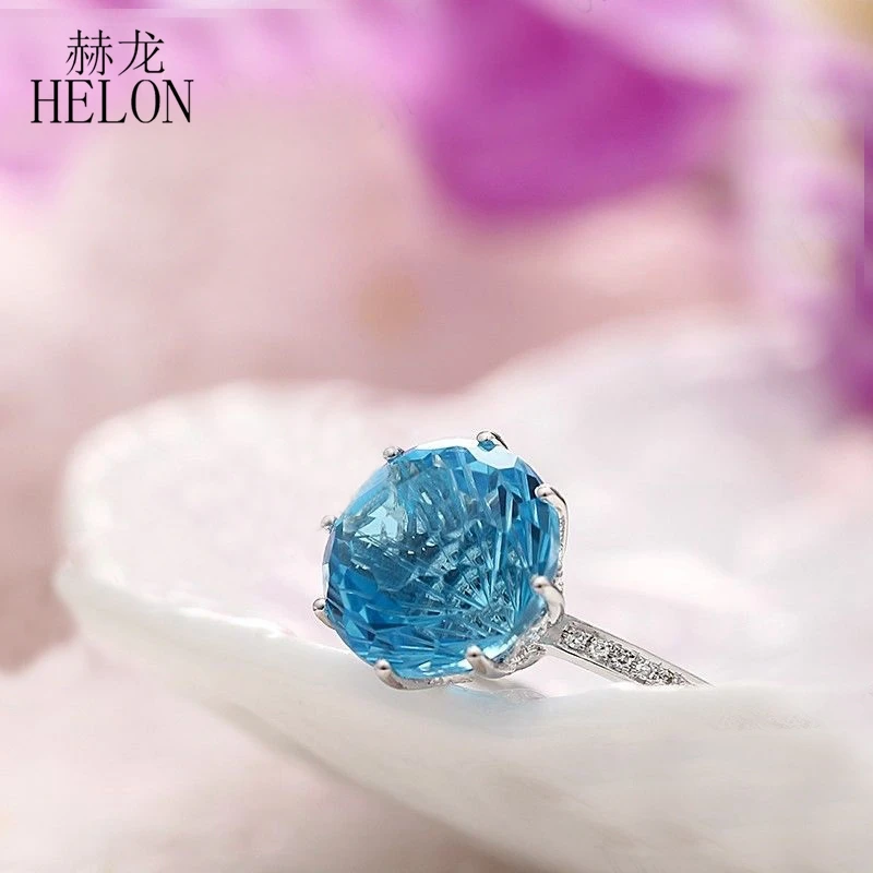 HELON Solid 14 K белое золото круглая огранка 10 мм Швейцарский Голубой Топаз обручальное кольцо с бриллиантами мелкий драгоценный камень бриллианты Ювелирное кольцо