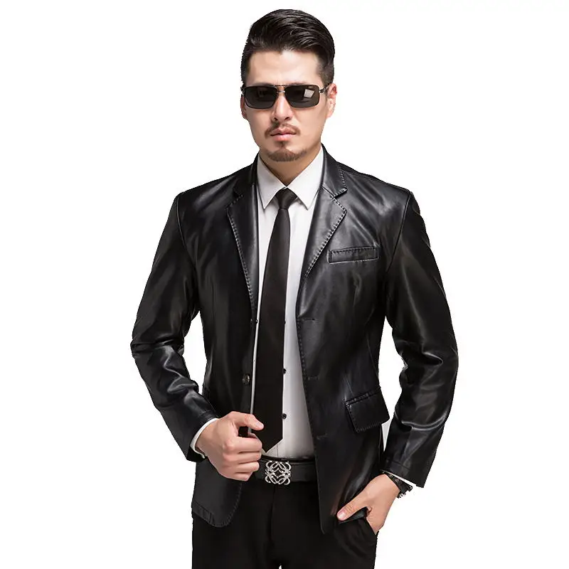 2016 Зимний однобортный мужской кожаный пиджак с отложным воротником из