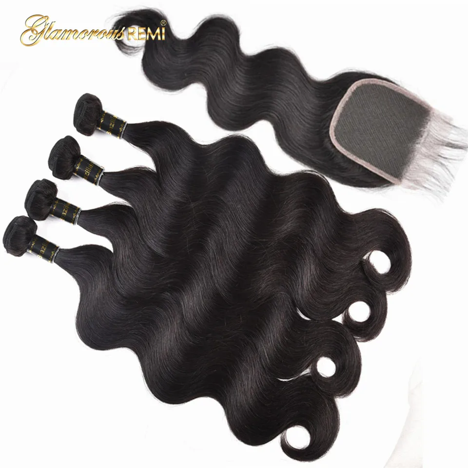 Brazilian Body Wave 4 Bundles with Lace Closures Hair Weaves 100% Human Remy Closure Extension Natural Color |