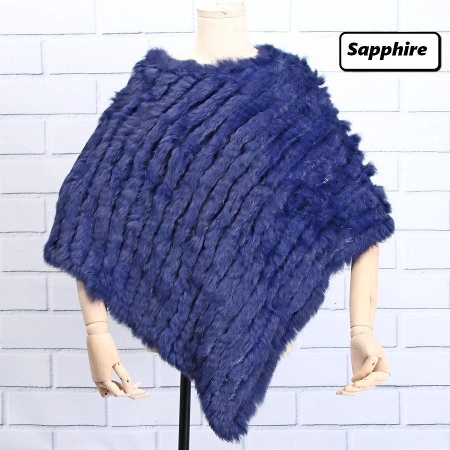sapphire ZDFURS* Осень-зима, женское пончо из натурального кроличьего меха, треугольная меховая шаль, натуральный мех, пуловеры, вязаная накидка с кроличьим мехом - Цвет: sapphire