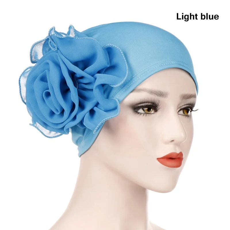 light blue 1 шт. кружевной цветок рюшами мусульманский хиджаб исламский Джерси для женщин тюрбан химиотерапия шляпа шарф дамы новая мода зима теплый головной убор кепки - Цвет: light blue